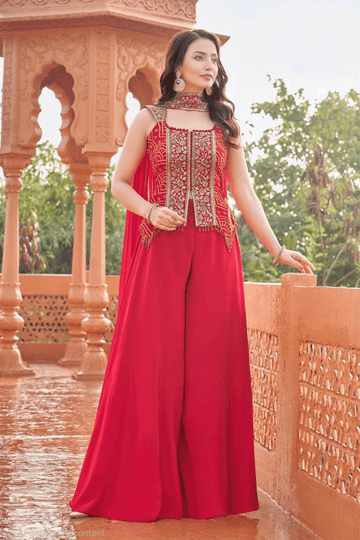 Red Embroidered Palazzo Suit