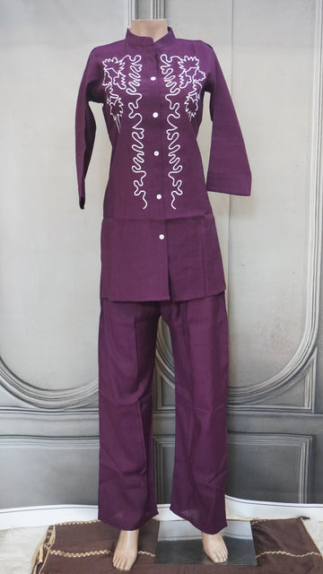 Purple with white embroidery