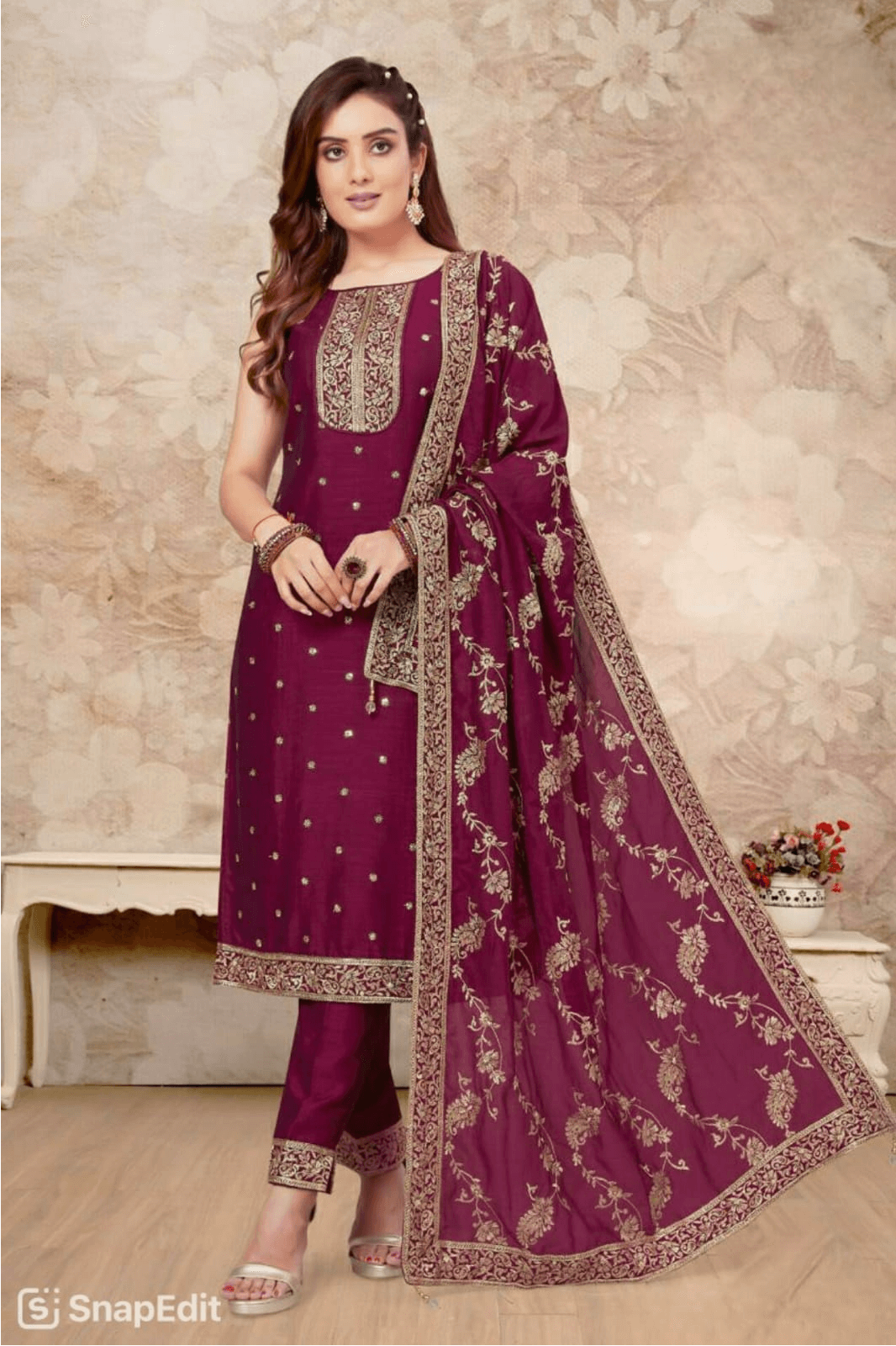 Deep Maroon with embroided shawl