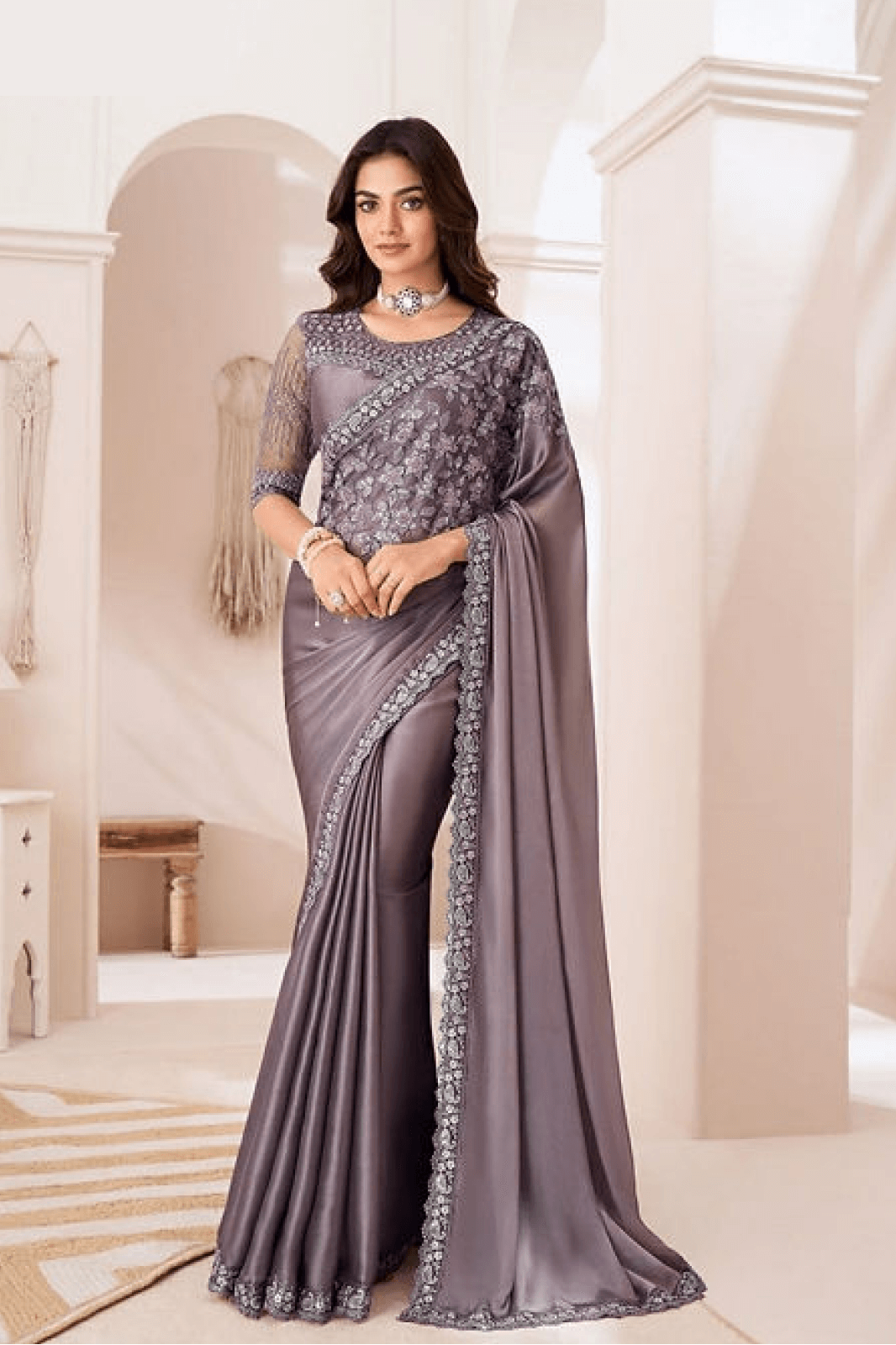 Grey Satin Saree