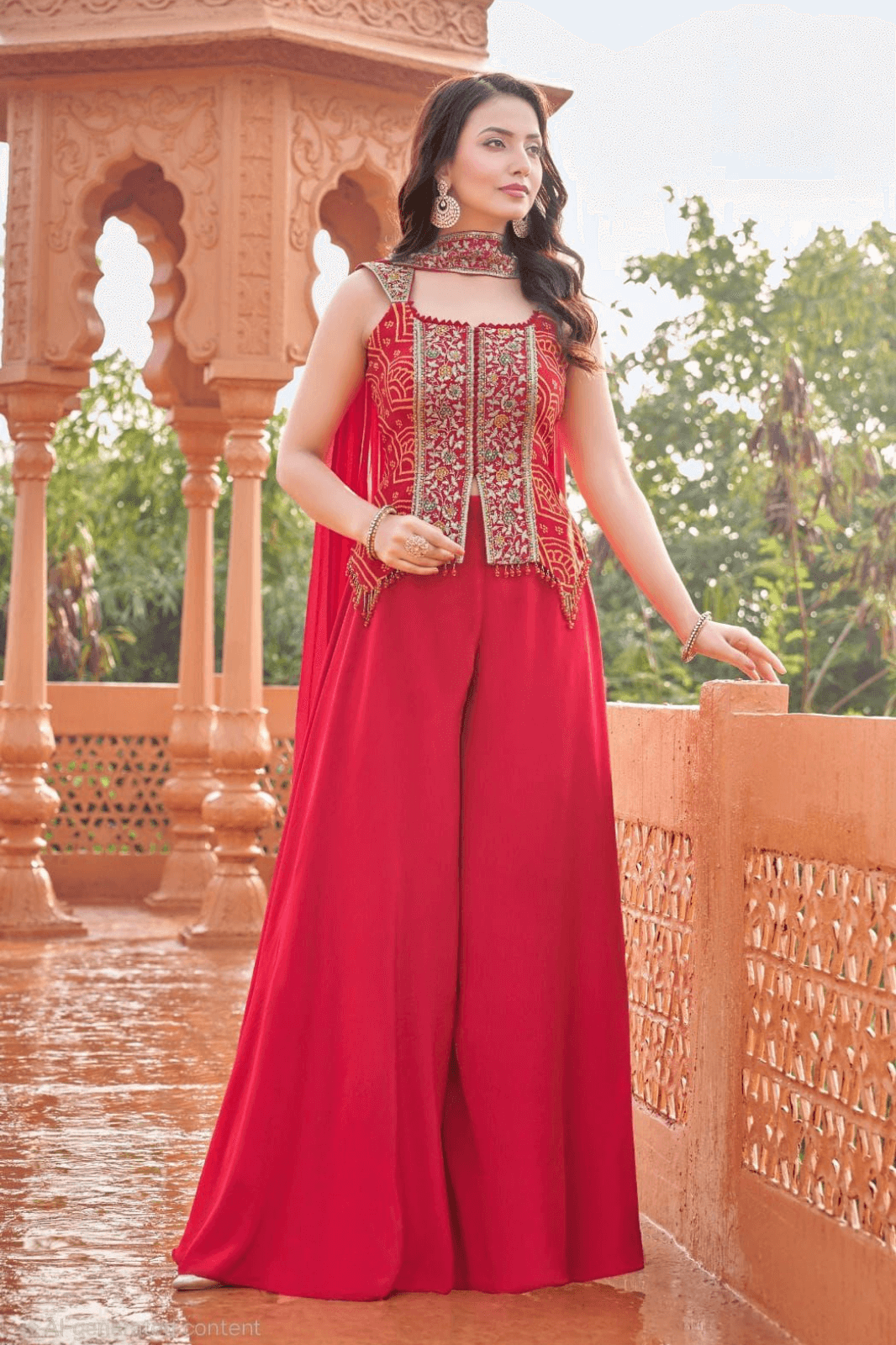 Red Embroidered Palazzo Suit