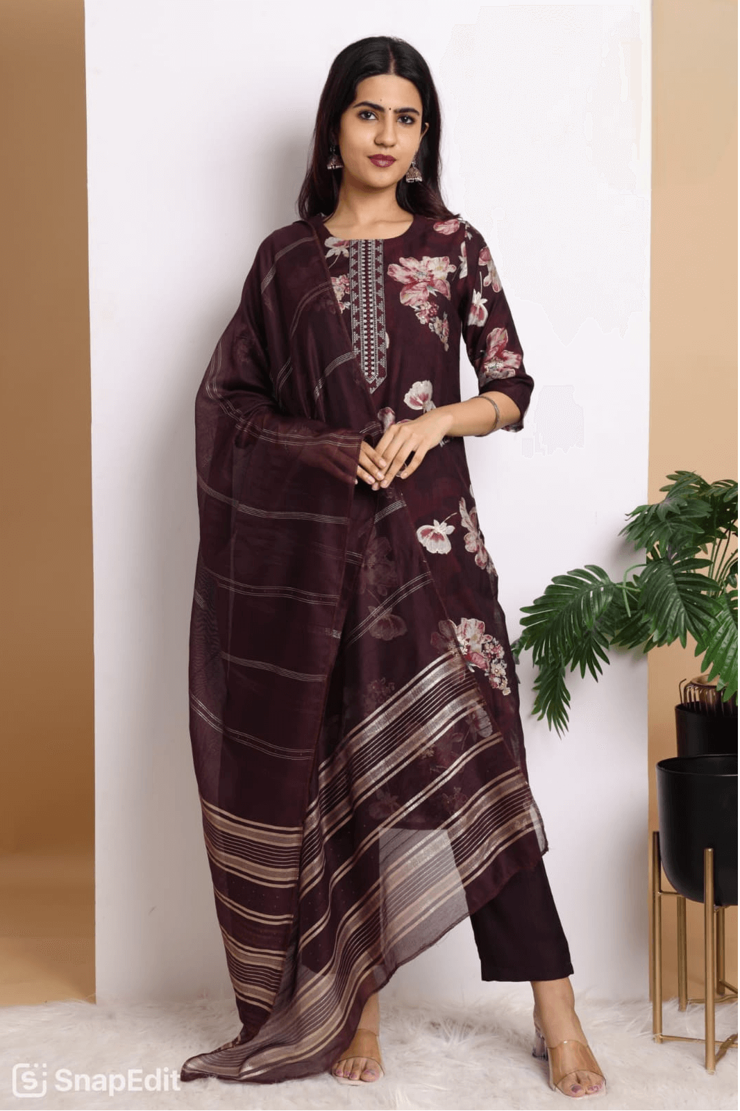 Wine Floral Kurta Set