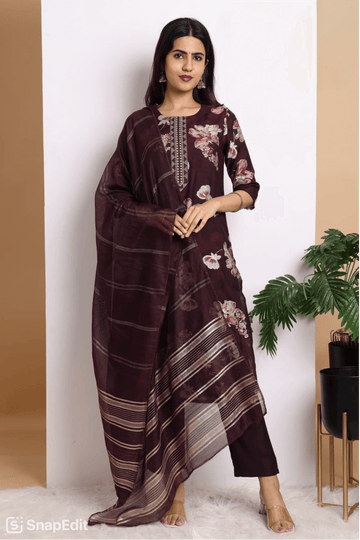 Wine Floral Kurta Set
